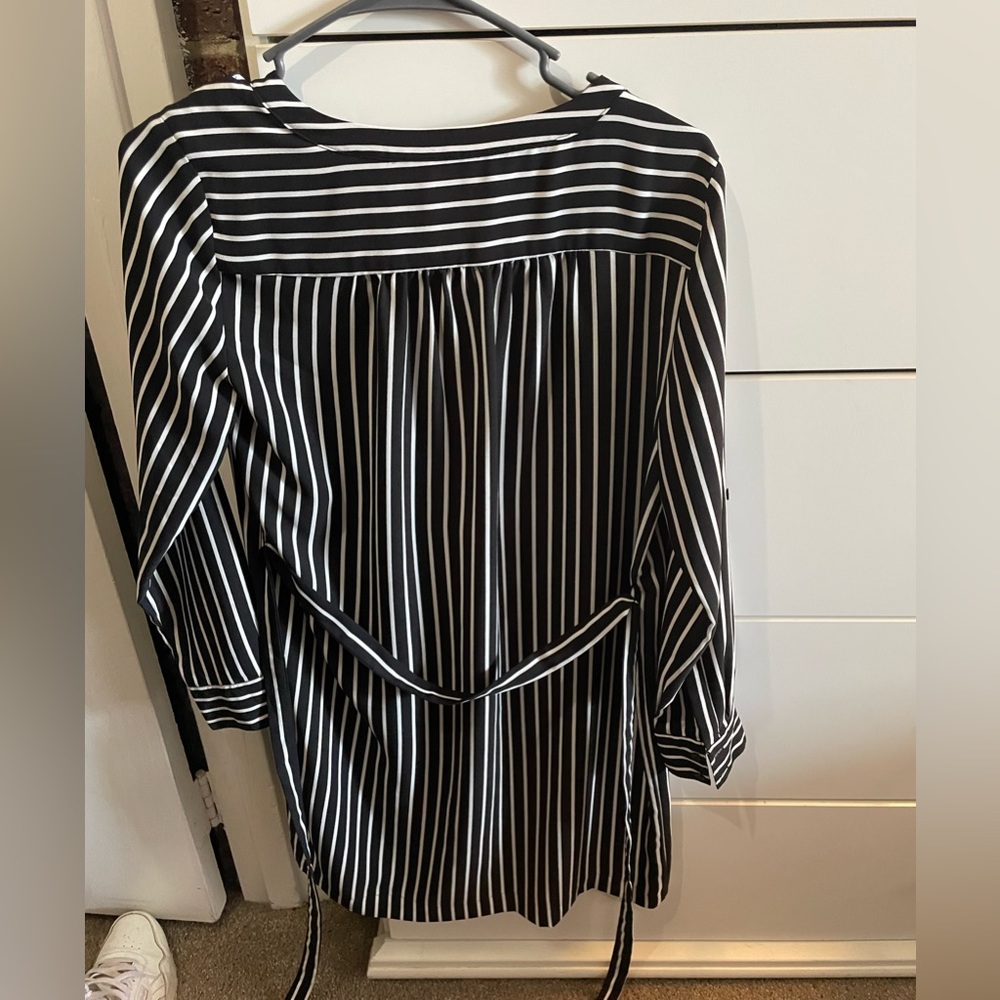Loft black & white stripped dress with tie